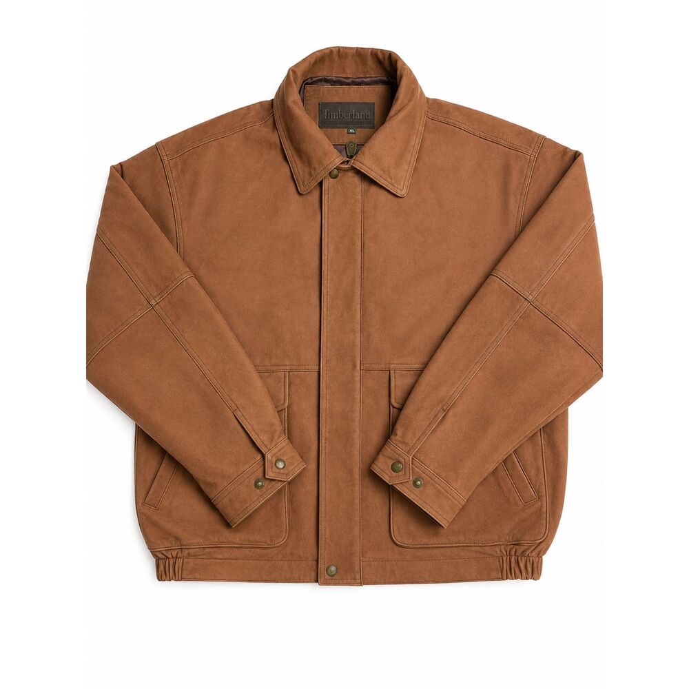 Timberland Men's Brown Faux Leather Jacket XL Full Zip Utility Coat Casual